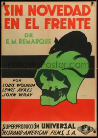 1h0626 ALL QUIET ON THE WESTERN FRONT Spanish 1930 surreal art of rat & soldier skull, ultra rare!