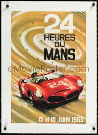 1h0723 24 HOURS OF LE MANS linen 15x23 French special poster 1963 Leygnac art of race car on track!