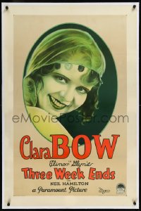 1h1394 THREE WEEKENDS linen 1sh 1928 wonderful head & shoulders art of pretty Clara Bow, ultra rare!