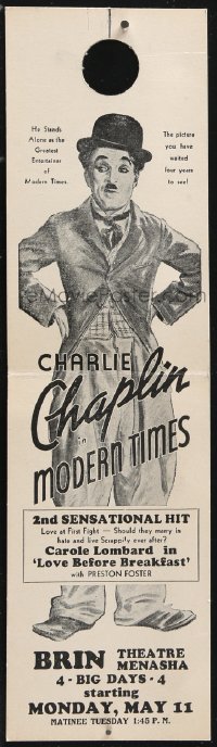 1j0025 MODERN TIMES 4x16 door hanger 1936 great full-length art of Charlie Chaplin, ultra rare!