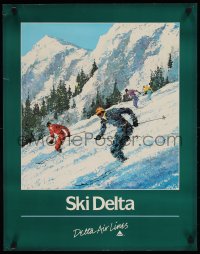 1k0032 DELTA AIR LINES 22x28 travel poster 1970s cool art of skiers by Jack Laycox!