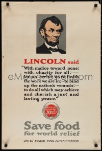 1k0013 SAVE FOOD FOR WORLD RELIEF 20x30 WWI war poster 1910s President Abraham Lincoln quote!