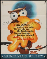 1k0017 SILENCE MEANS SECURITY 22x28 WWII war poster 1943 art of owl on a tree branch with leaf!