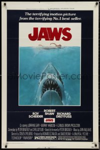 1p1545 JAWS 1sh 1975 Roger Kastel art of Spielberg's man-eating shark attacking sexy swimmer!