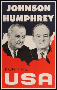 1r0008 JOHNSON HUMPHREY FOR THE USA 13x21 political campaign 1964 candidates over U.S. map!