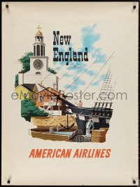 1r0033 AMERICAN AIRLINES NEW ENGLAND 30x40 travel poster 1950s art of church & ship by Bern Hill!