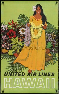 1r0042 UNITED AIR LINES HAWAII 25x40 travel poster 1960s Stan Galli art of pretty woman in dress & lei!