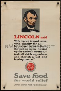 1r0063 SAVE FOOD FOR WORLD RELIEF 20x30 WWI war poster 1910s President Abraham Lincoln quote!