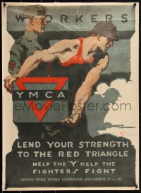 1r0076 WORKERS LEND YOUR STRENGTH 20x27 WWI war poster 1918 YMCA, help the Y help fighters fight!