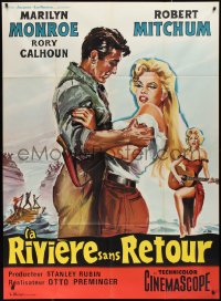 1y0044 RIVER OF NO RETURN French 1p R1960s Belinsky art of Mitchum holding sexy Marilyn Monroe!