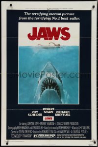 1y0750 JAWS 1sh 1975 Roger Kastel art of Spielberg's man-eating shark attacking sexy swimmer!