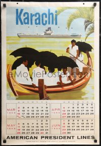 1z0002 AMERICAN PRESIDENT LINES calendar 1958 art of ocean liner and people on paddled boat!