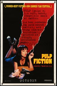 2a0336 PULP FICTION teaser 1sh 1994 Quentin Tarantino, sexy Uma Thurman smoking by black background!