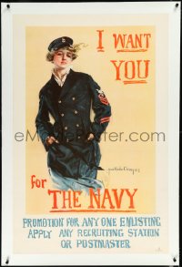2a0779 I WANT YOU FOR THE NAVY linen 27x42 WWI war poster 1917 Howard Chandler Christy female art!