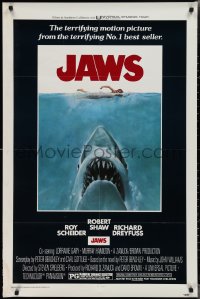 2b1098 JAWS 1sh 1975 Roger Kastel art of Spielberg's man-eating shark attacking sexy swimmer!