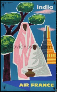 2c0008 AIR FRANCE INDIA 24x39 French travel poster 1963 Guy Georget art of two figures and more!