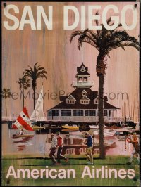 2c0015 AMERICAN AIRLINES SAN DIEGO 30x40 travel poster 1970s Coronado Boathouse w/ boats & golfers!