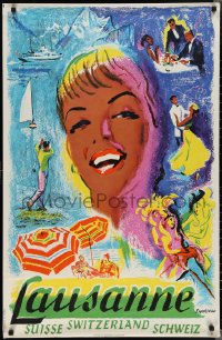 2c0018 LAUSANNE 26x39 Swiss travel poster 1950s Percy Drake Brookshaw art of a woman and more!