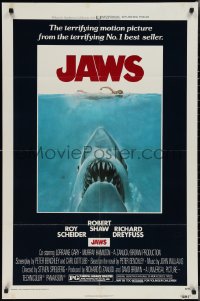 2f0792 JAWS 1sh 1975 Roger Kastel art of Spielberg's man-eating shark attacking sexy swimmer!