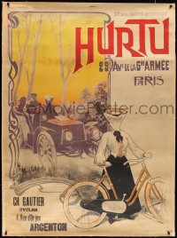 2g0033 HURTU linen 45x61 French advertising poster 1899 woman on bike + car by H. Gray, ultra rare!