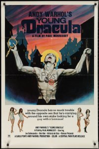 2j0958 ANDY WARHOL'S DRACULA 1sh R1976 Young Dracula Udo Kier holding a stake and mirror by Emmett!
