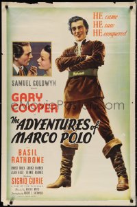 2p0663 ADVENTURES OF MARCO POLO 1sh 1943 full-length art of Gary Cooper + close-up w/ Sigrid Gurie!