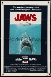 2p0832 JAWS int'l 1sh 1975 Kastel art of Spielberg's man-eating shark attacking sexy swimmer!