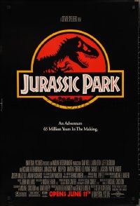 2r1011 JURASSIC PARK advance DS 1sh 1993 Steven Spielberg, classic logo with T-Rex over red background