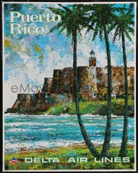 2r0073 DELTA AIR LINES PUERTO RICO 22x28 travel poster 1970s cool Laycox artwork of seaside fort!