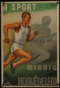 2z0242 A SPORT MINDIG HONVEDELEM 23x33 Hungarian poster 1950s Komoroczy art of running man & soldier