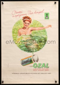 2z0076 OZAL 13x19 Czech advertising poster 1950s sexy naked woman bathing in green water!