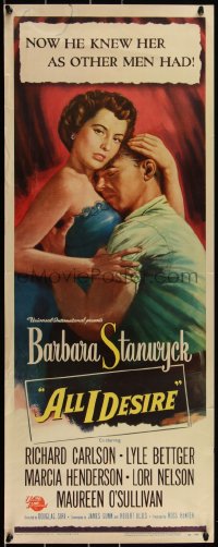 3b1131 ALL I DESIRE insert 1953 close up art of Richard Carlson & Barbara Stanwyck embracing!
