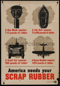 3b1286 AMERICA NEEDS YOUR SCRAP RUBBER 20x28 WWII war poster 1942 Home Front, recycle rubber goods!