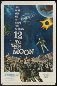 3d0095 12 TO THE MOON linen 1sh 1960 land on the moon with the intrepid first astronauts, cool art!