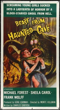 3d0014 BEAST FROM HAUNTED CAVE linen 3sh 1959 censored art of monster with sexy near-naked victim!