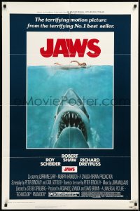 3d0577 JAWS 1sh 1975 Roger Kastel art of Spielberg's man-eating shark attacking sexy swimmer!