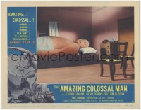 3d0722 AMAZING COLOSSAL MAN LC #2 1957 Glenn Langan is trying to get sleep in way-too-small bed!