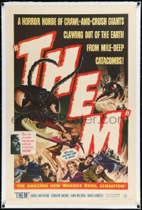 3d0210 THEM linen 1sh 1954 classic sci-fi, cool art of horror horde of giant bugs terrorizing people!