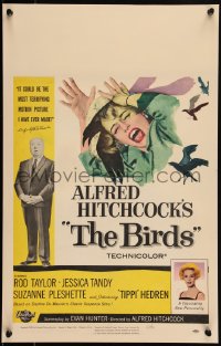 3d0081 BIRDS WC 1963 director Alfred Hitchcock shown, Tippi Hedren, classic intense attack artwork!