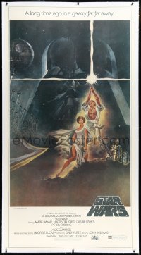 3j0434 STAR WARS linen 3sh 1977 George Lucas classic sci-fi epic, great montage art by Tom Jung!