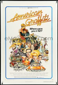 3j0863 AMERICAN GRAFFITI linen 1sh 1973 George Lucas teen classic, Mort Drucker montage art of cast!