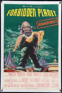 3j0955 FORBIDDEN PLANET linen 1sh 1956 most classic art of Robby the Robot holding sexy Anne Francis!
