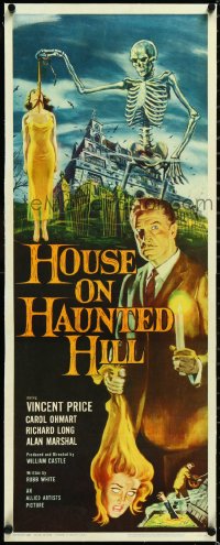 3j0594 HOUSE ON HAUNTED HILL linen insert 1959 classic art of Vincent Price & skeleton w/hanging girl!