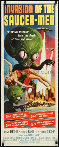 3j0081 INVASION OF THE SAUCER MEN insert 1957 Albert Kallis art of cabbage head aliens & sexy girl!