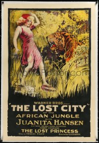 3j1036 LOST CITY linen chapter 1 1sh 1920 silent serial, art of Juanita Hansen & tiger, ultra rare!