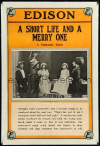 3j1119 SHORT LIFE & A MERRY ONE linen 1sh 1913 Edison, scarecrow gives life to mannequin, ultra rare