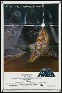 3j0241 STAR WARS style A first printing 1sh 1977 A New Hope, Tom Jung art of Vader over Luke & Leia!