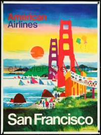 3j0761 AMERICAN AIRLINES SAN FRANCISCO linen 30x41 travel poster 1970s Kingman Golden Gate Bridge art!