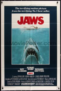 3p0785 JAWS 1sh 1975 Roger Kastel art of Spielberg's man-eating shark attacking sexy swimmer!