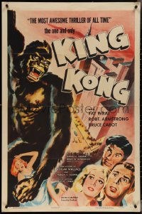 3p0790 KING KONG 1sh R1956 great full-color art of the giant ape carrying Fay Wray over city!